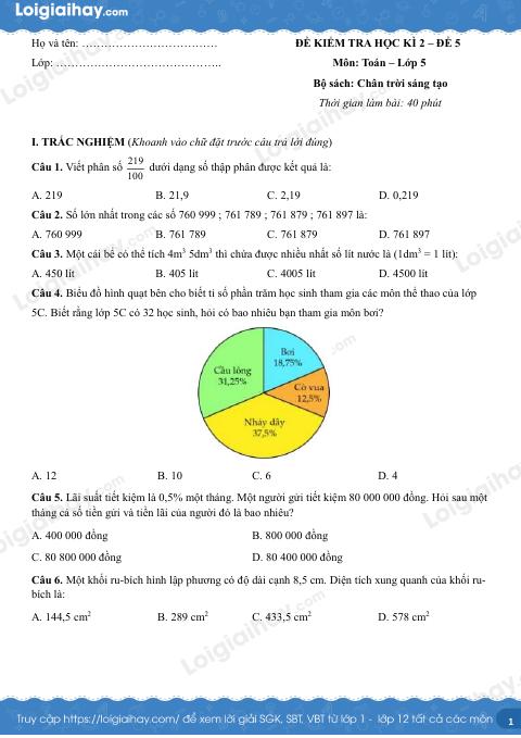 Đề kiểm tra học kì 2 Toán 5 Chân trời sáng tạo - Đề số 5